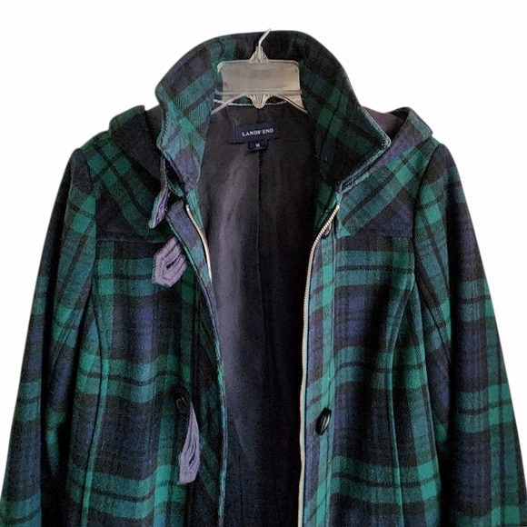 Vintage Lands End Wool Blend Duffle Coat Women L/XL Navy Green Tartan Plaid Hood - Picture 6 of 13